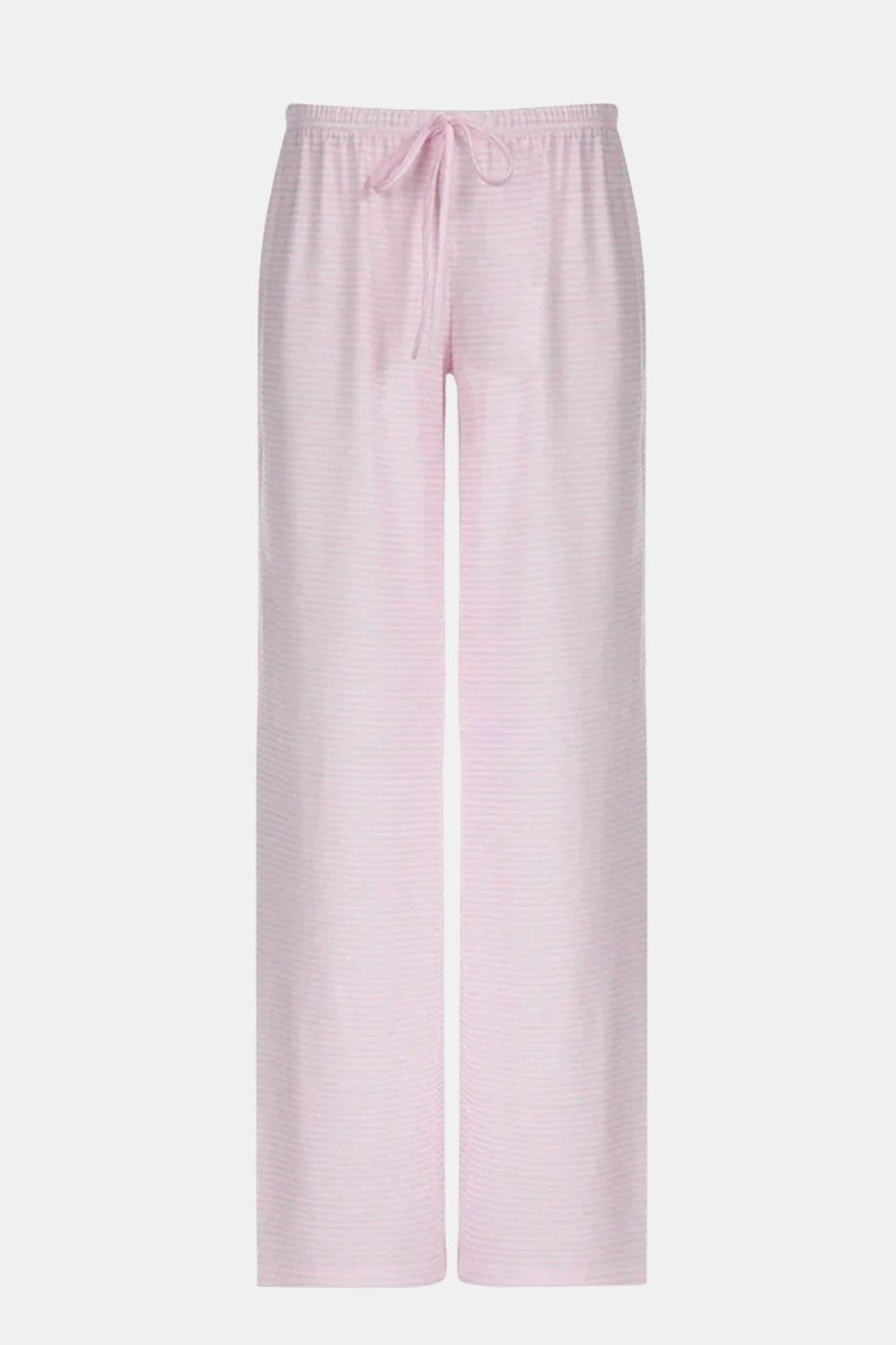 Light pink striped wide-leg trousers with elastic drawstring waist
