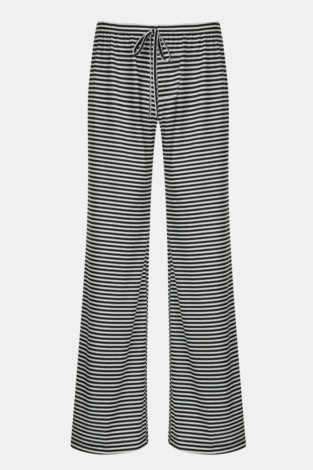 Black and white striped wide-leg trousers with drawstring waist