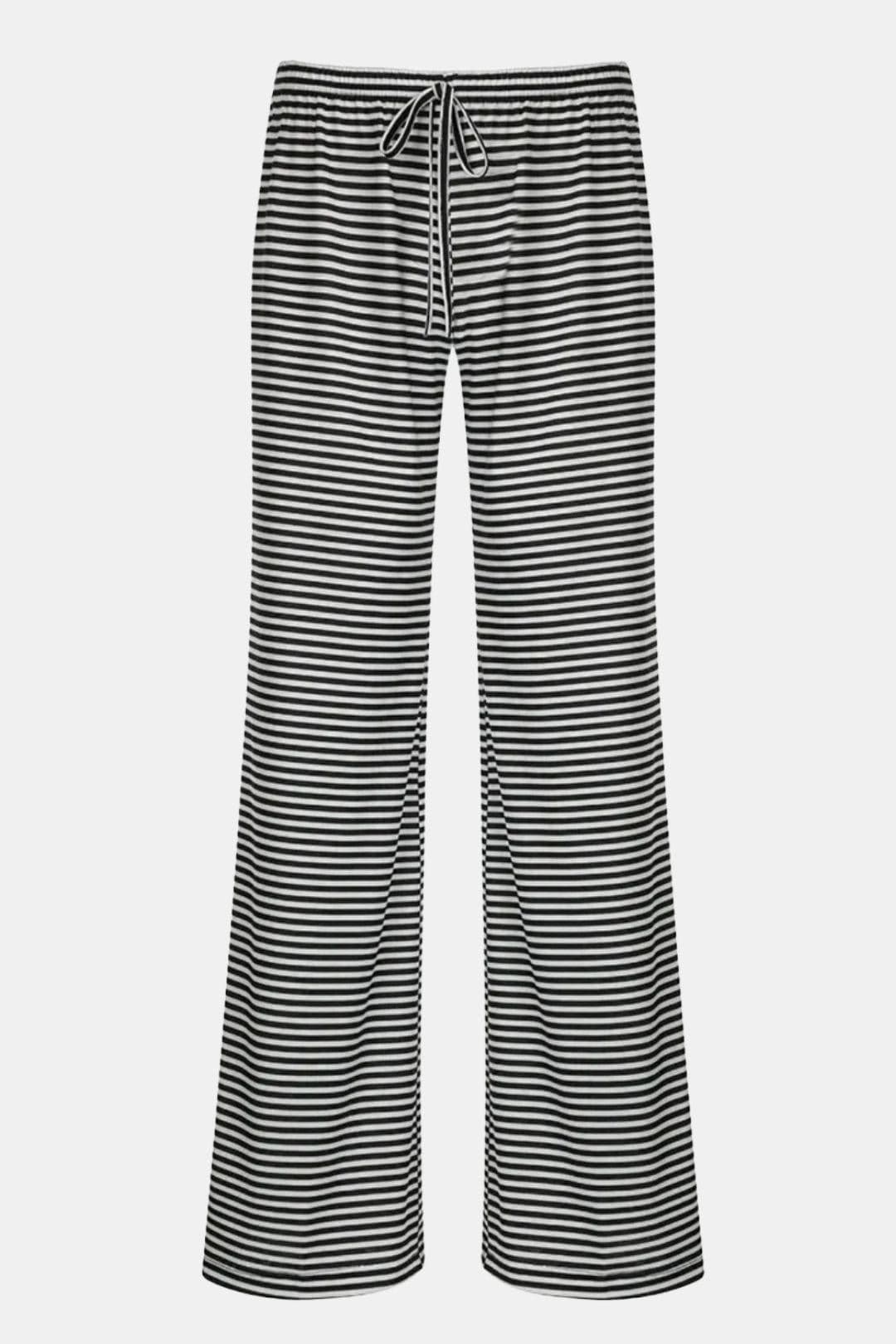 Black and white striped wide-leg trousers with drawstring waist