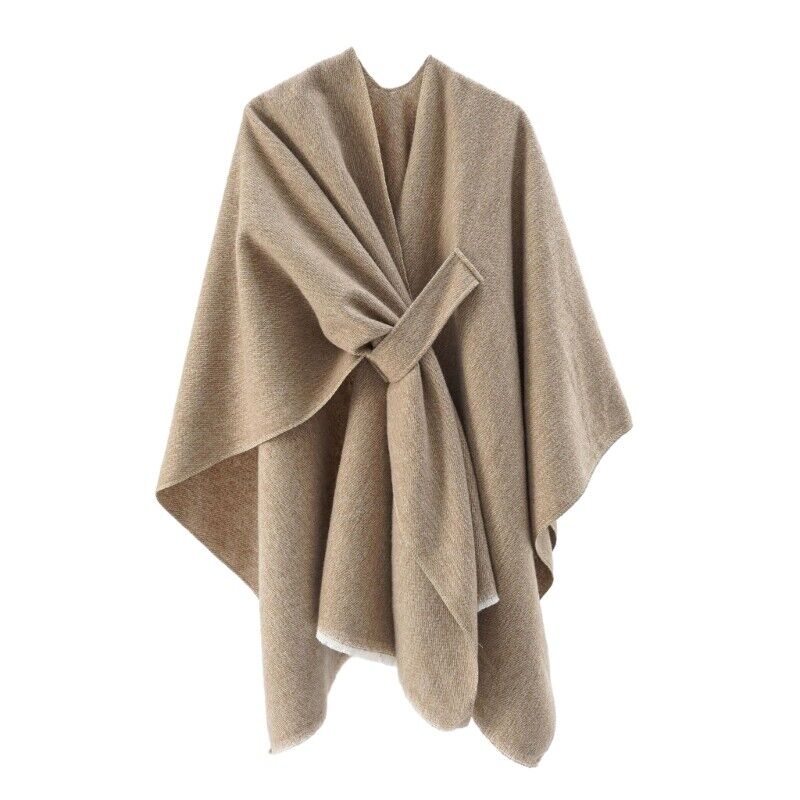 Cashmere poncho in beige, loose drape with V neckline and center tie at the front