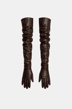 Long faux leather opera gloves, dark brown, ruched stretch cuff and five-finger hands