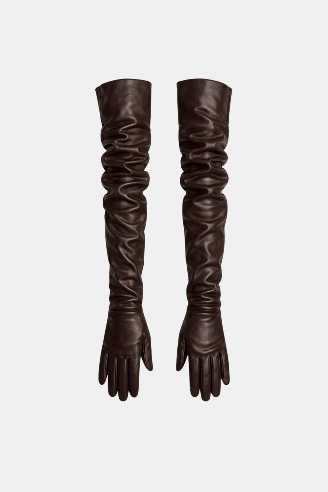Long faux leather opera gloves, dark brown, ruched stretch cuff and five-finger hands