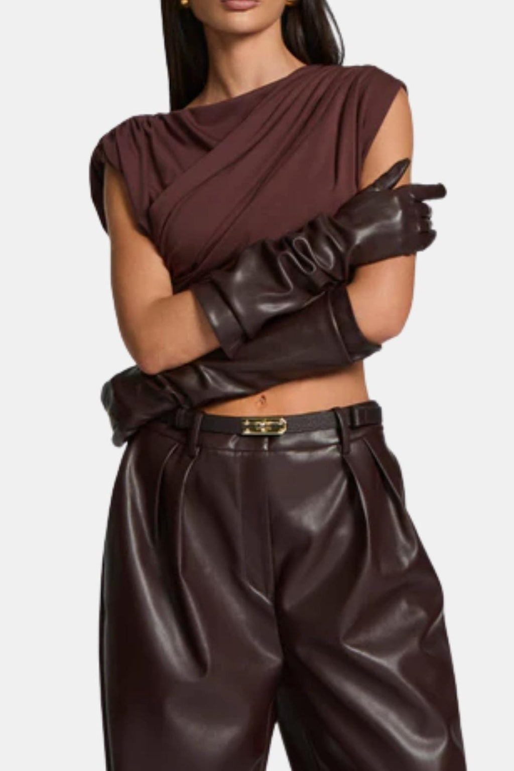 Dark brown long faux leather opera gloves with ruched cuffs and full fingers