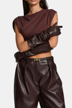 Dark brown long faux leather opera gloves with ruched cuffs and full fingers