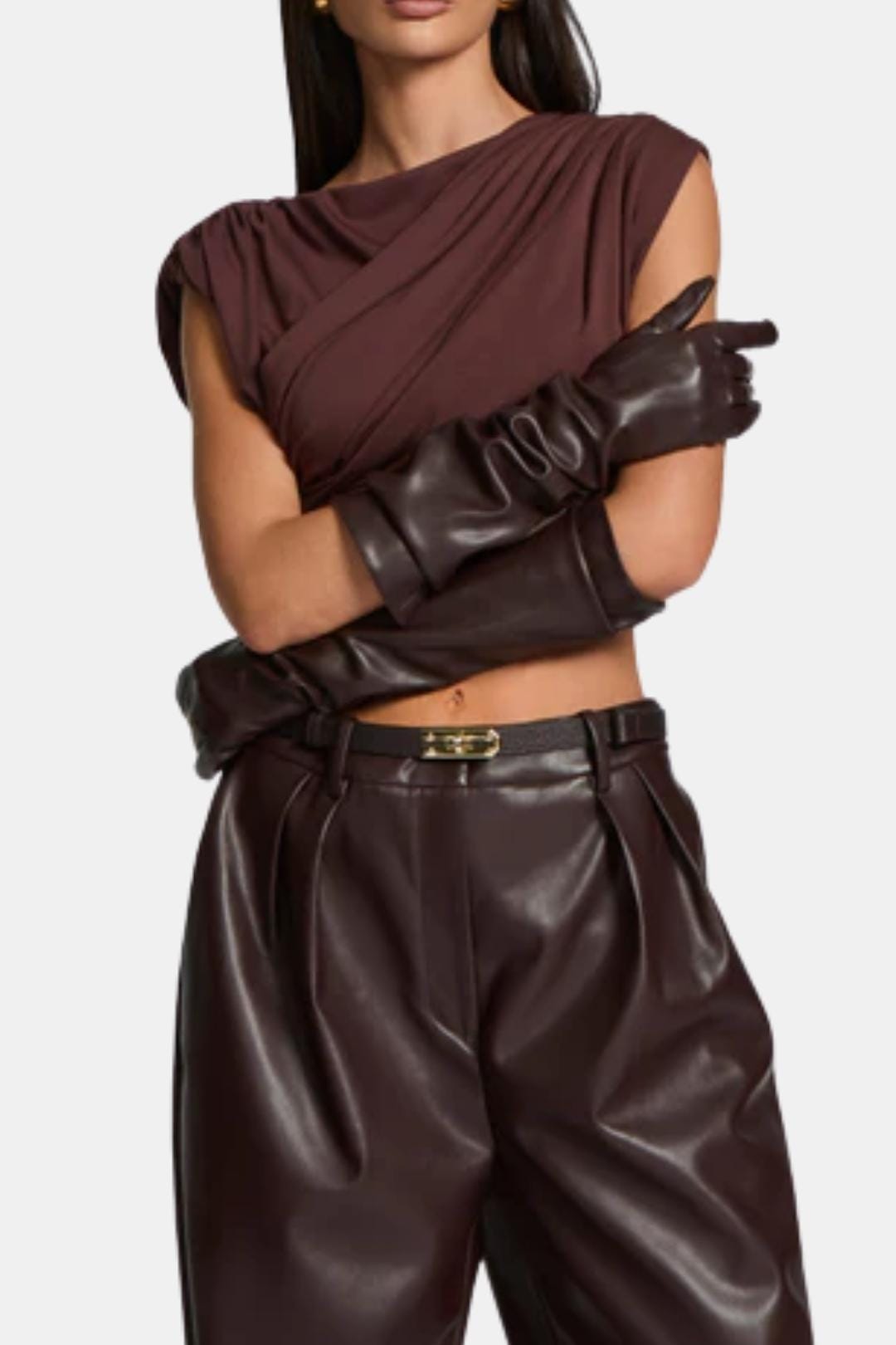 Dark brown long faux leather opera gloves with ruched cuffs and full fingers