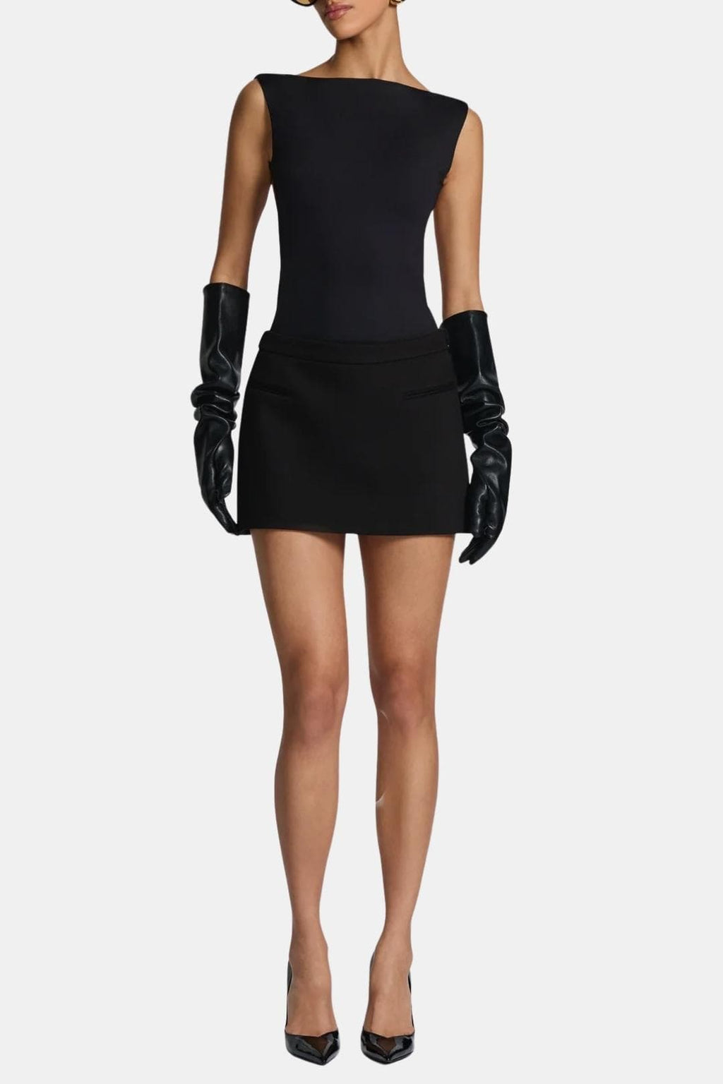 Black long faux leather opera gloves with ruched sleeves and fitted hand shape