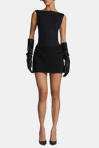 Black long faux leather opera gloves with ruched sleeves and fitted hand shape