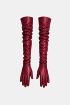 Burgundy long faux leather opera gloves with ruched tall cuffs and full fingers pair