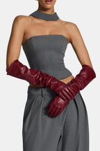 Burgundy long faux leather opera gloves with ruched cuffs and full fingers