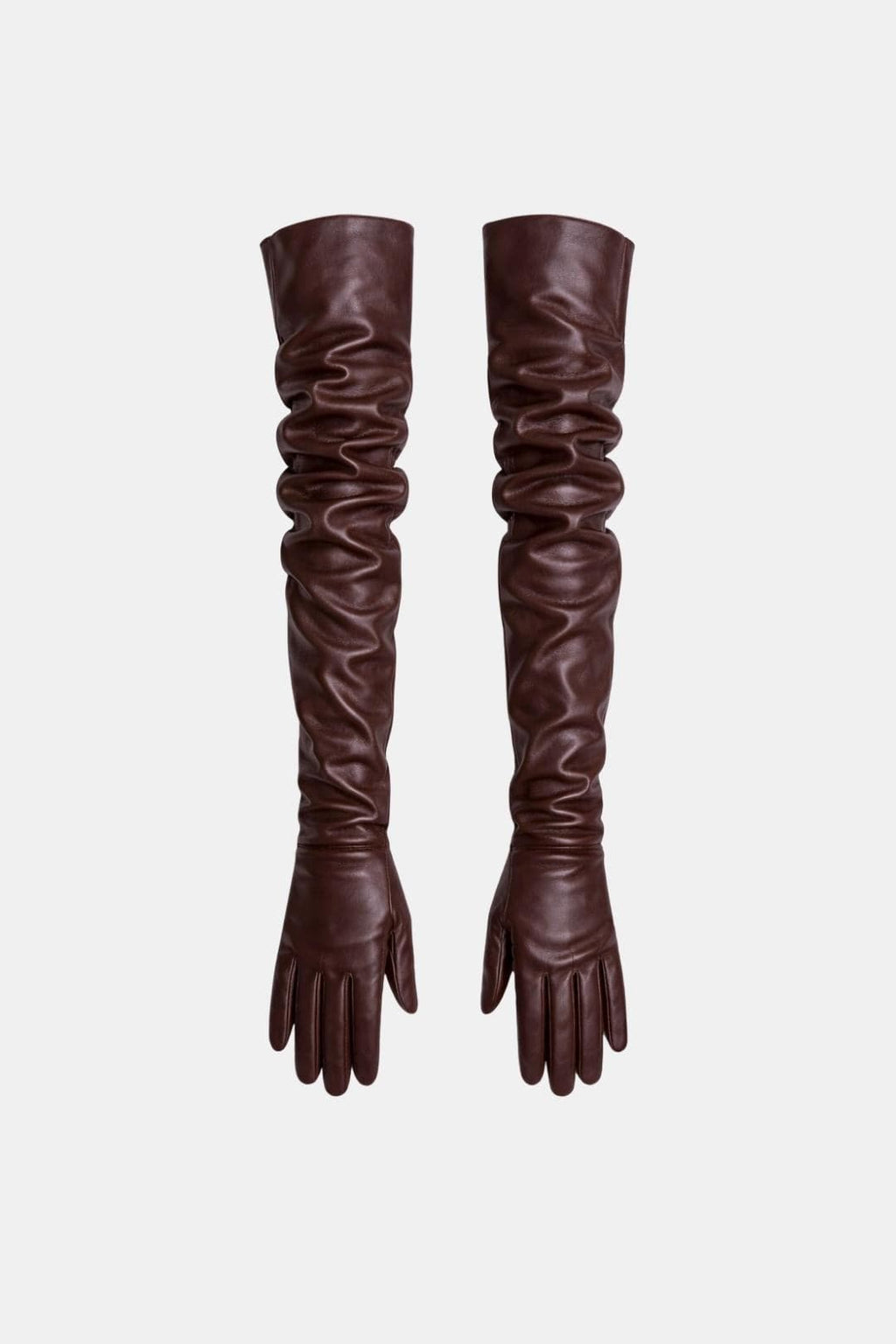 Long faux leather opera gloves, dark plum, ruched stretch cuff and five-finger hands