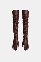 Long faux leather opera gloves, dark plum, ruched stretch cuff and five-finger hands