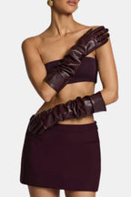 Plum long faux leather opera gloves with ruched cuffs and full fingers