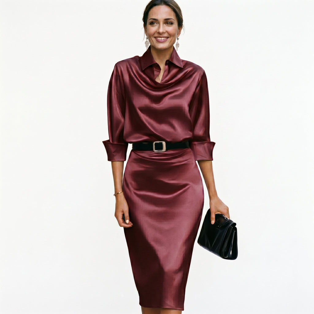 Burgundy satin cocktail midi dress with draped cowl neck, 3/4 sleeves and waist belt.