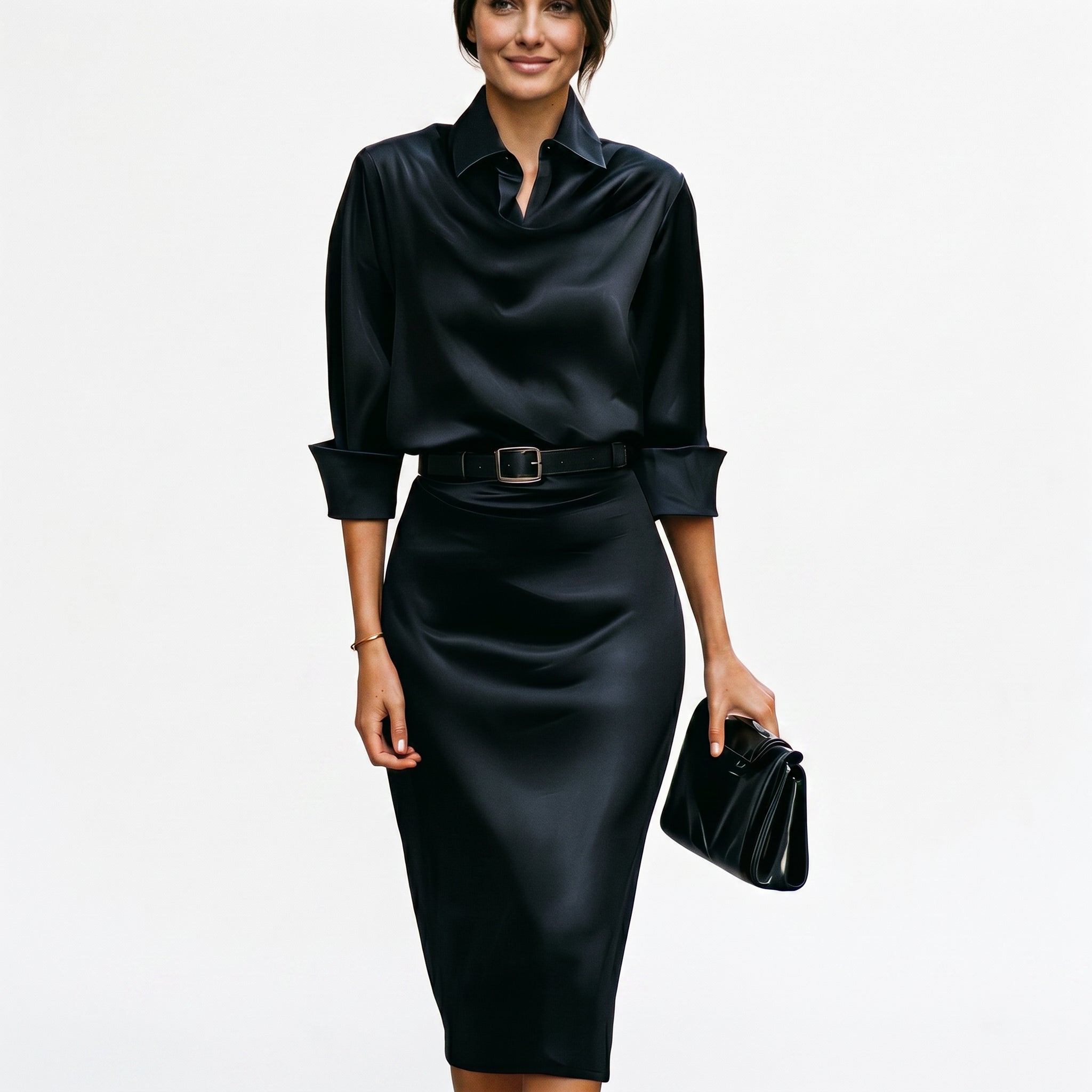 Black satin cocktail midi dress with draped cowl neck, 3/4 sleeves and waist belt.