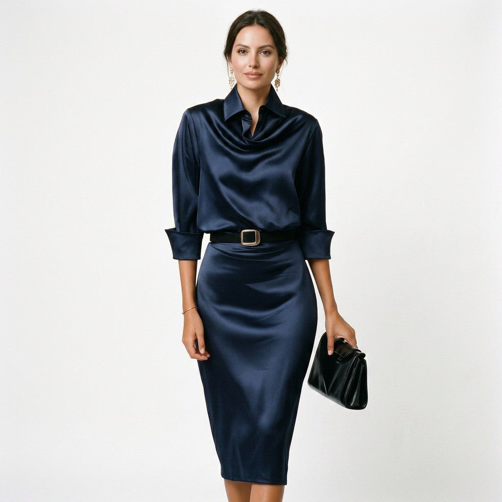Navy satin cocktail midi dress with draped cowl neck, 3/4 sleeves and waist belt.