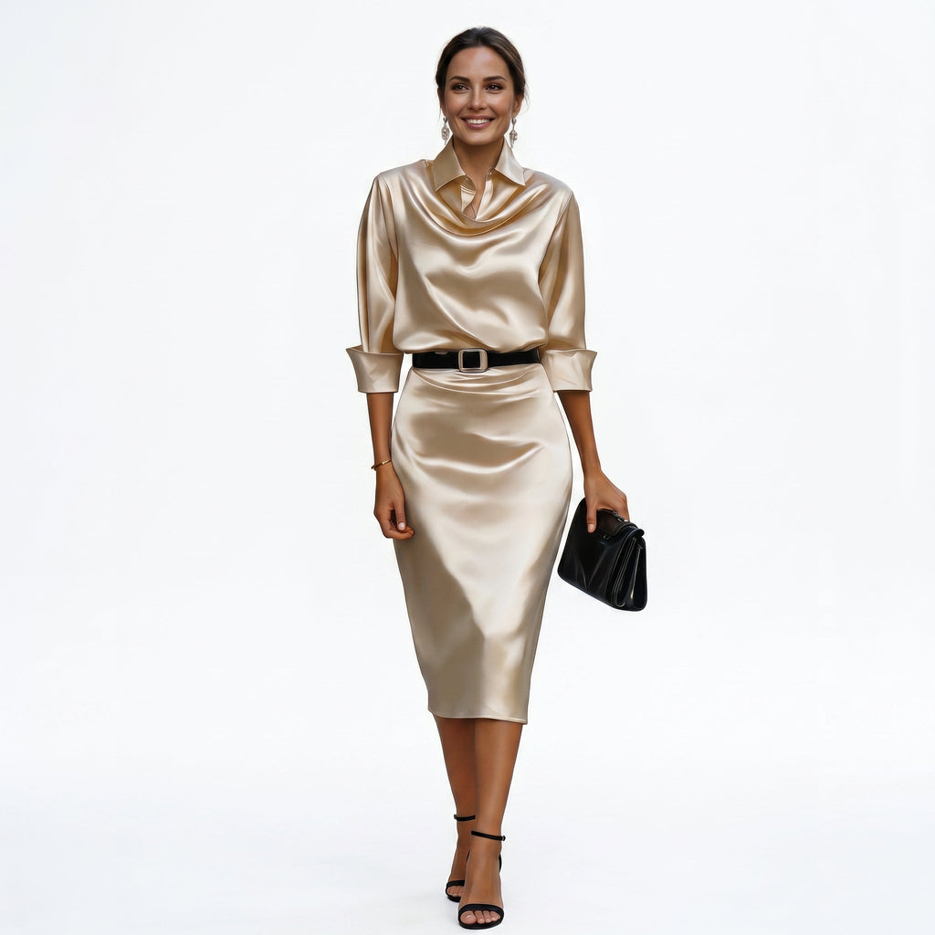 Champagne satin cocktail midi dress with draped cowl neck, 3/4 sleeves and waist belt.