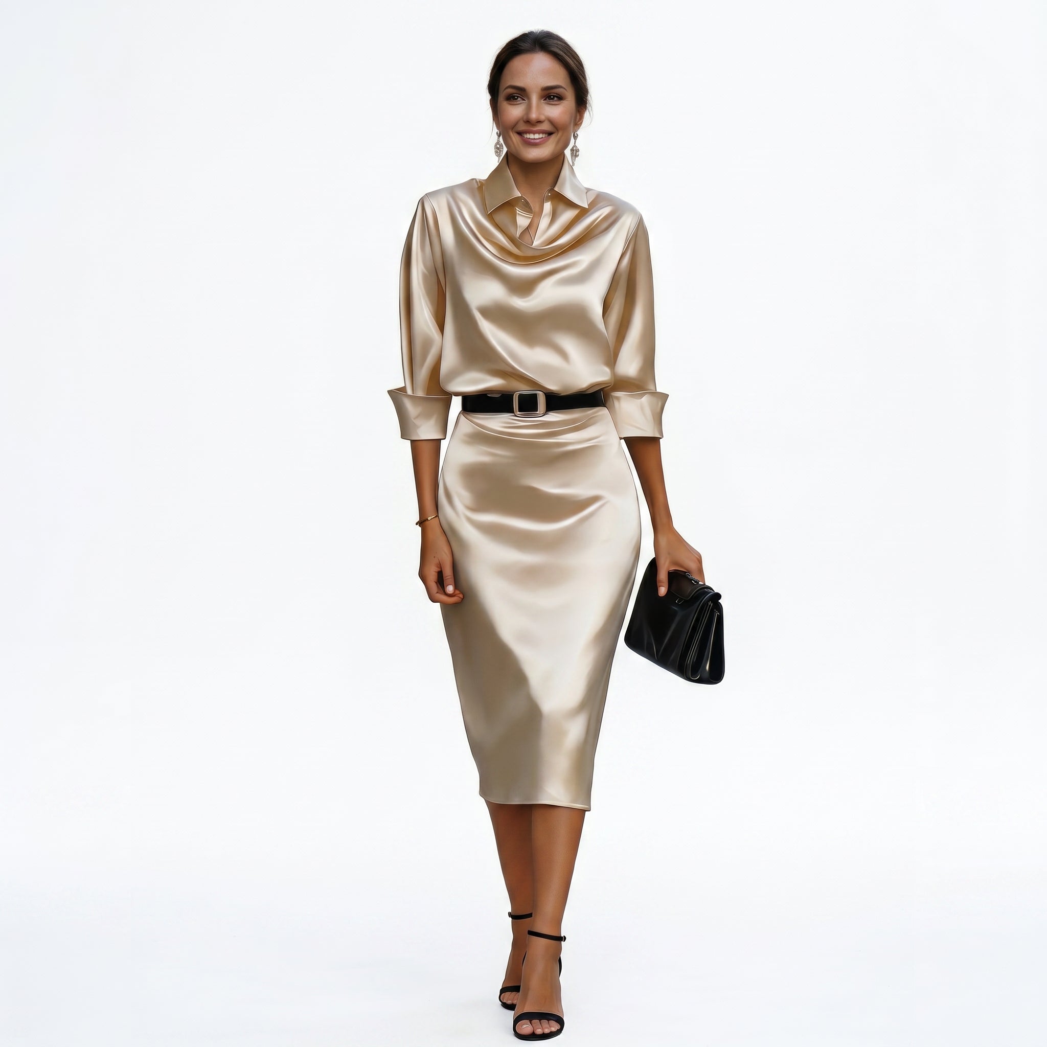 Champagne satin cocktail midi dress with draped cowl neck, 3/4 sleeves and waist belt.