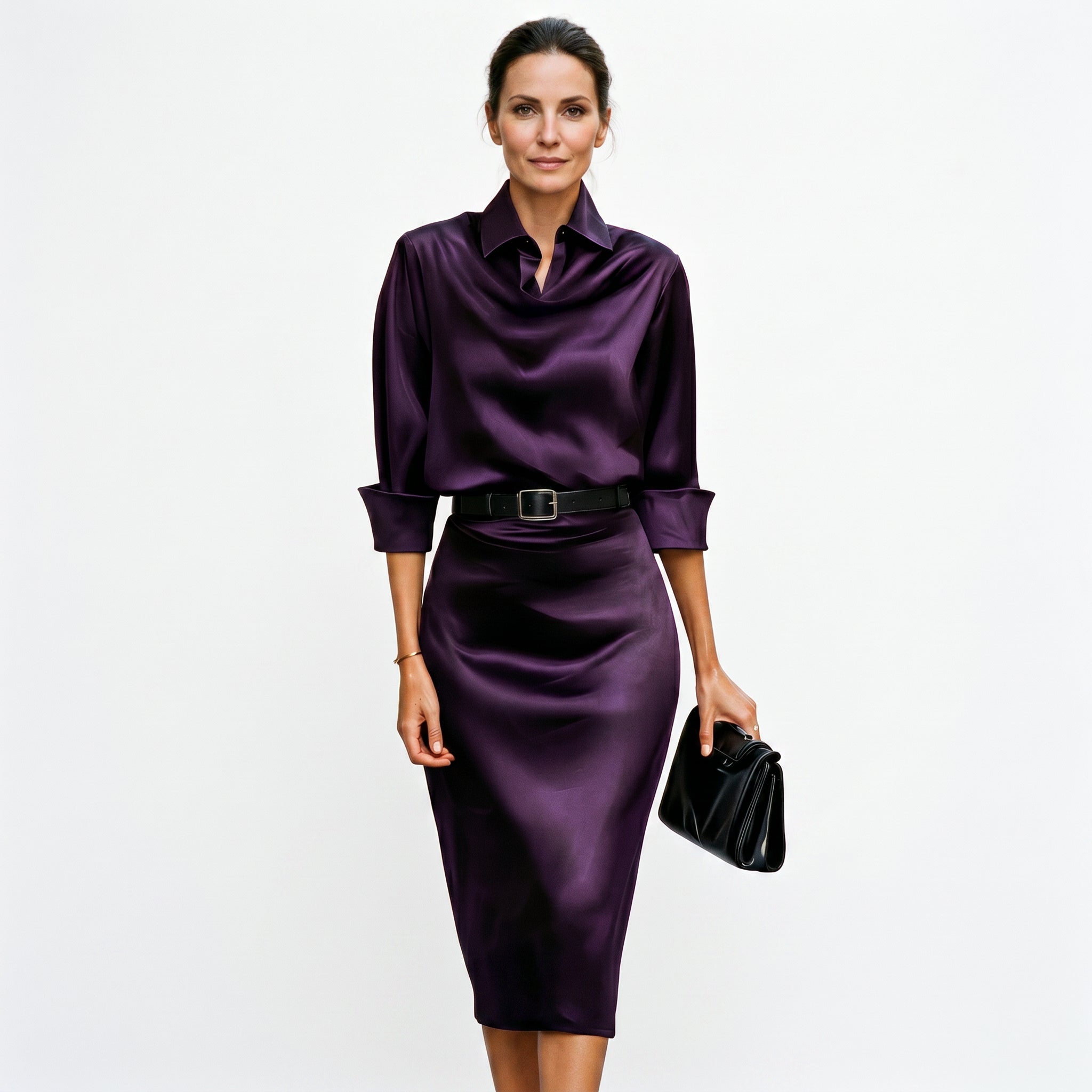 Purple satin cocktail midi dress with draped cowl neck, 3/4 sleeves and waist belt.