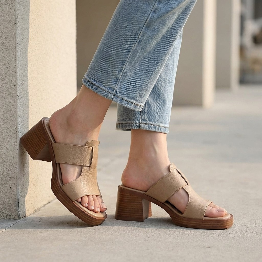 Khaki open-toe block-heel slip-on mules with wide strap, styled with light blue jeans
