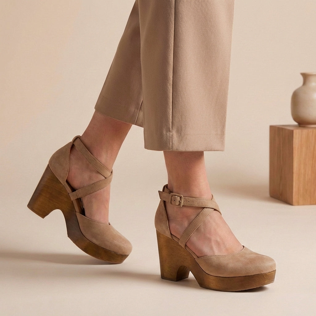 Khaki closed-toe platform wedge sandals with ankle strap and crisscross upper