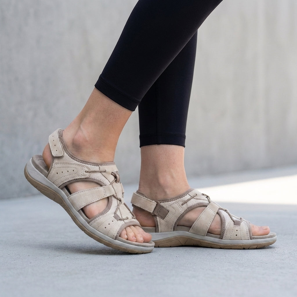 Beige orthopedic sandals with contoured footbed and adjustable straps