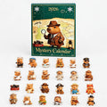 Animal advent calendar with acrylic character ornaments laid out beside the calendar cover