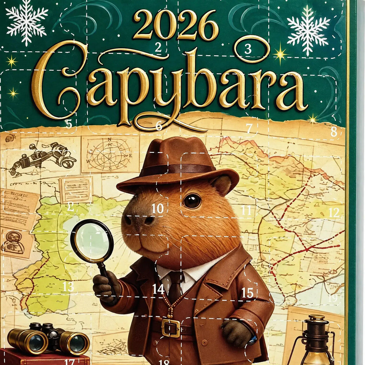 2026 animal mystery advent calendar poster with a cartoon detective bear and numbered dates