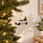 Construction vehicle acrylic ornament, white cement mixer truck with evergreen tree decor