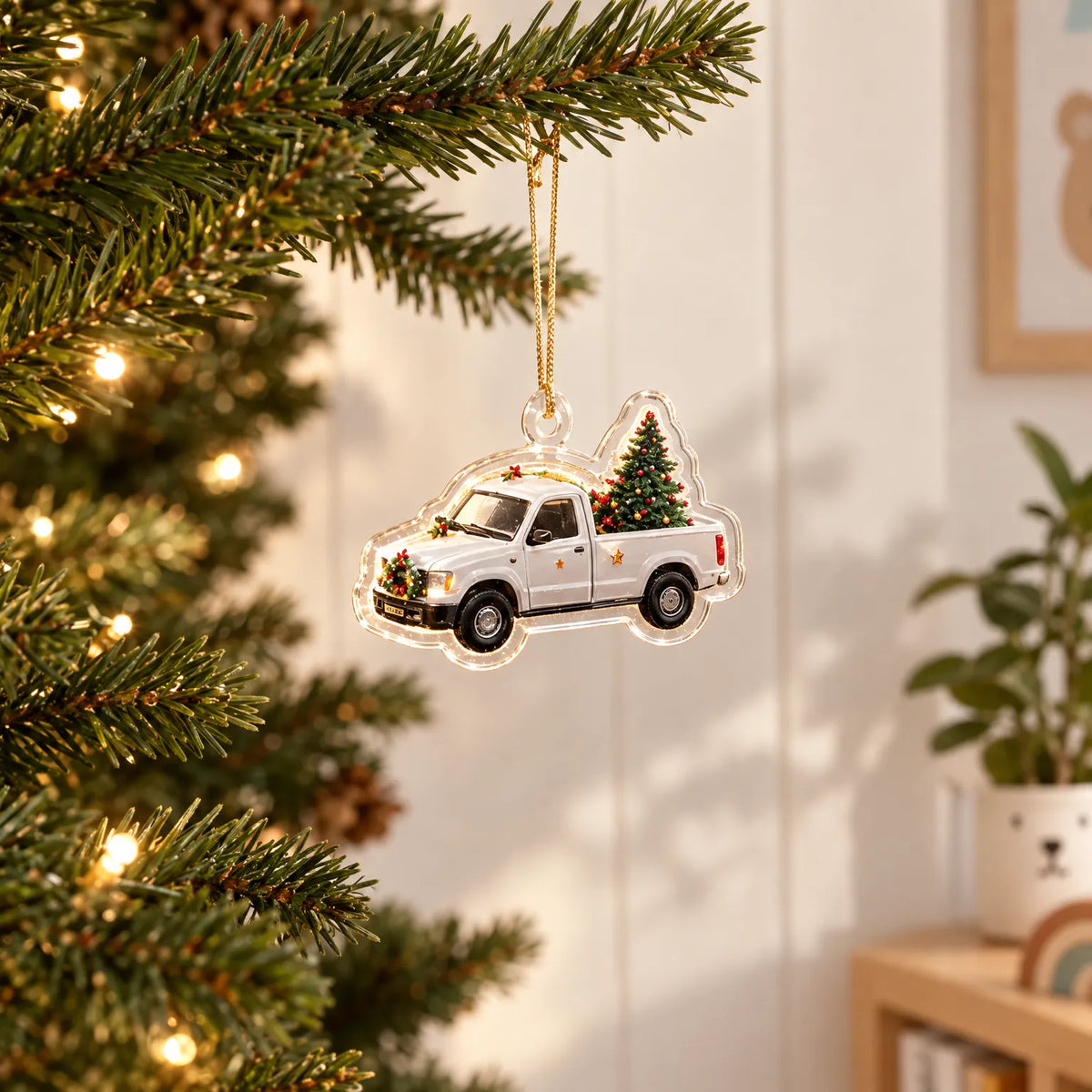 Construction vehicle acrylic ornament, white cement mixer truck with evergreen tree decor