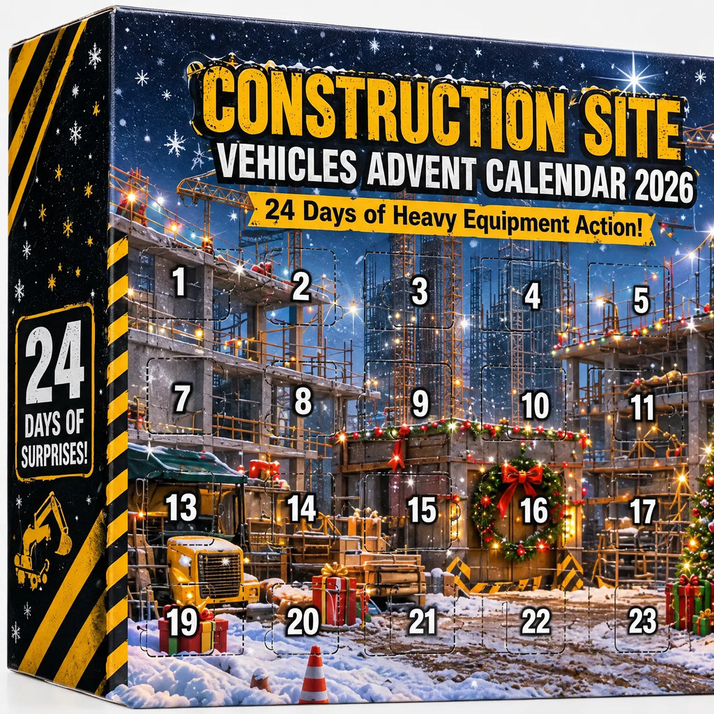 Construction site vehicles advent calendar 2026 box with numbered day windows