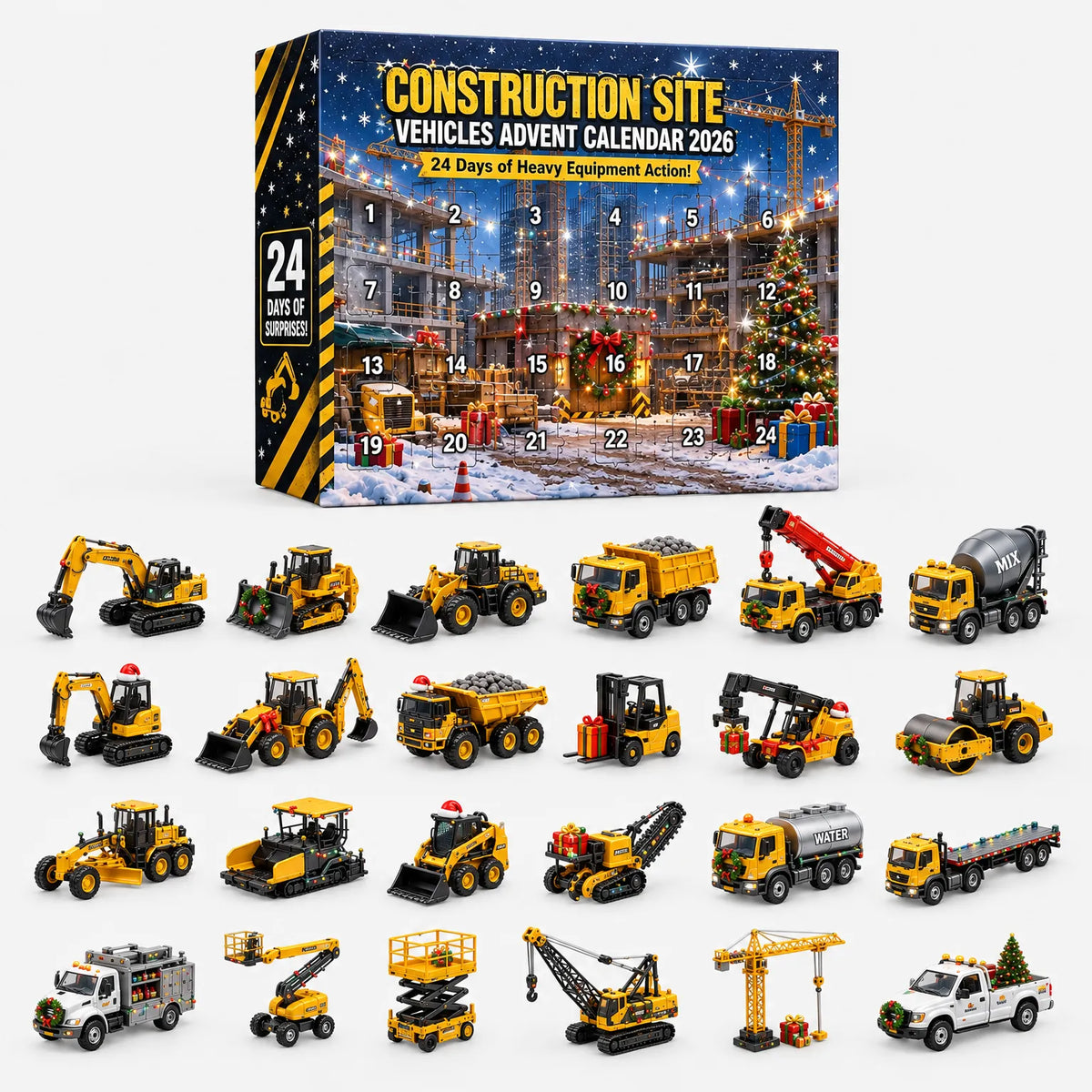 Construction site vehicles advent calendar 2026 box with mini construction vehicle ornaments