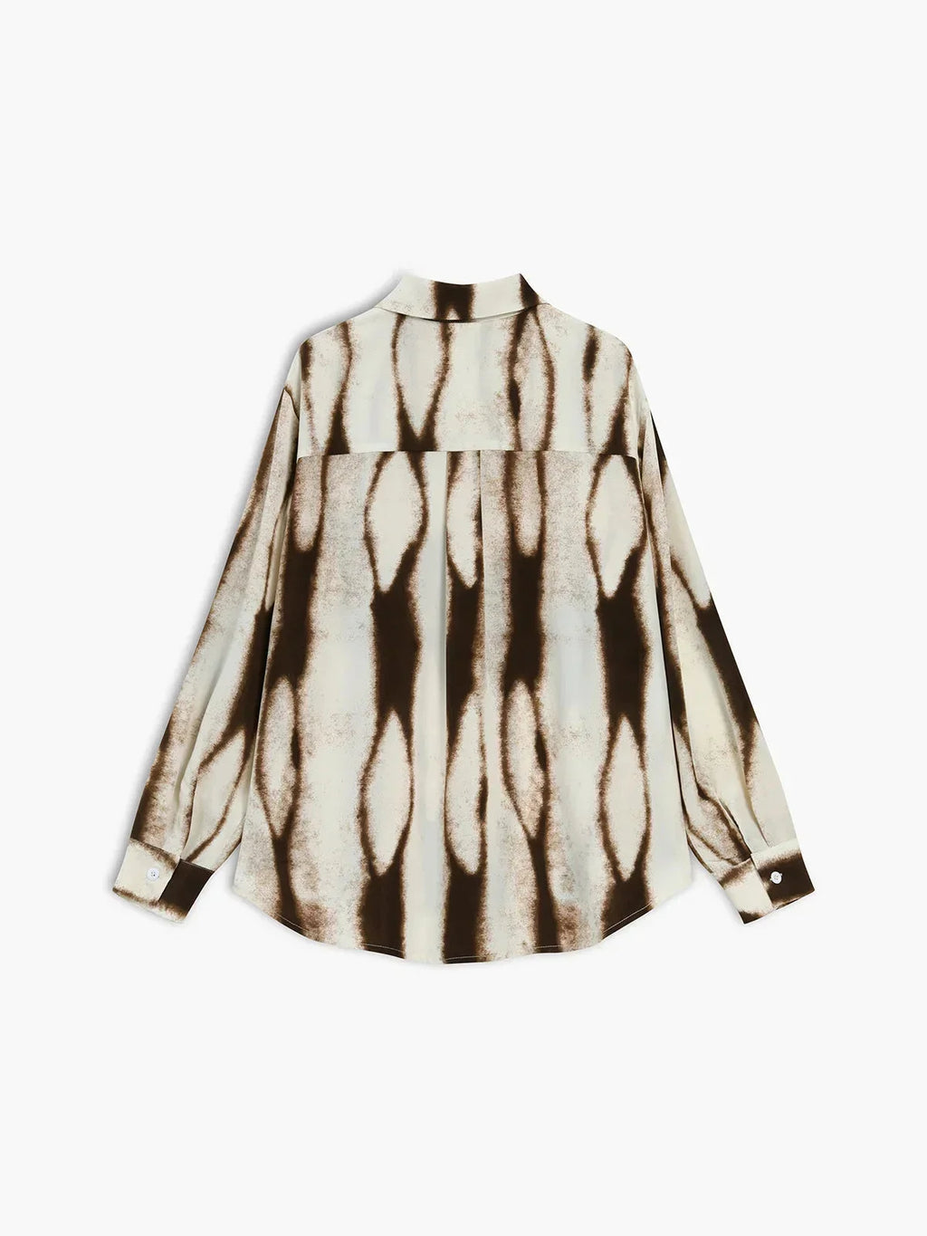 Women's abstract print button-down shirt, cream base with dark drips, long sleeves, button front