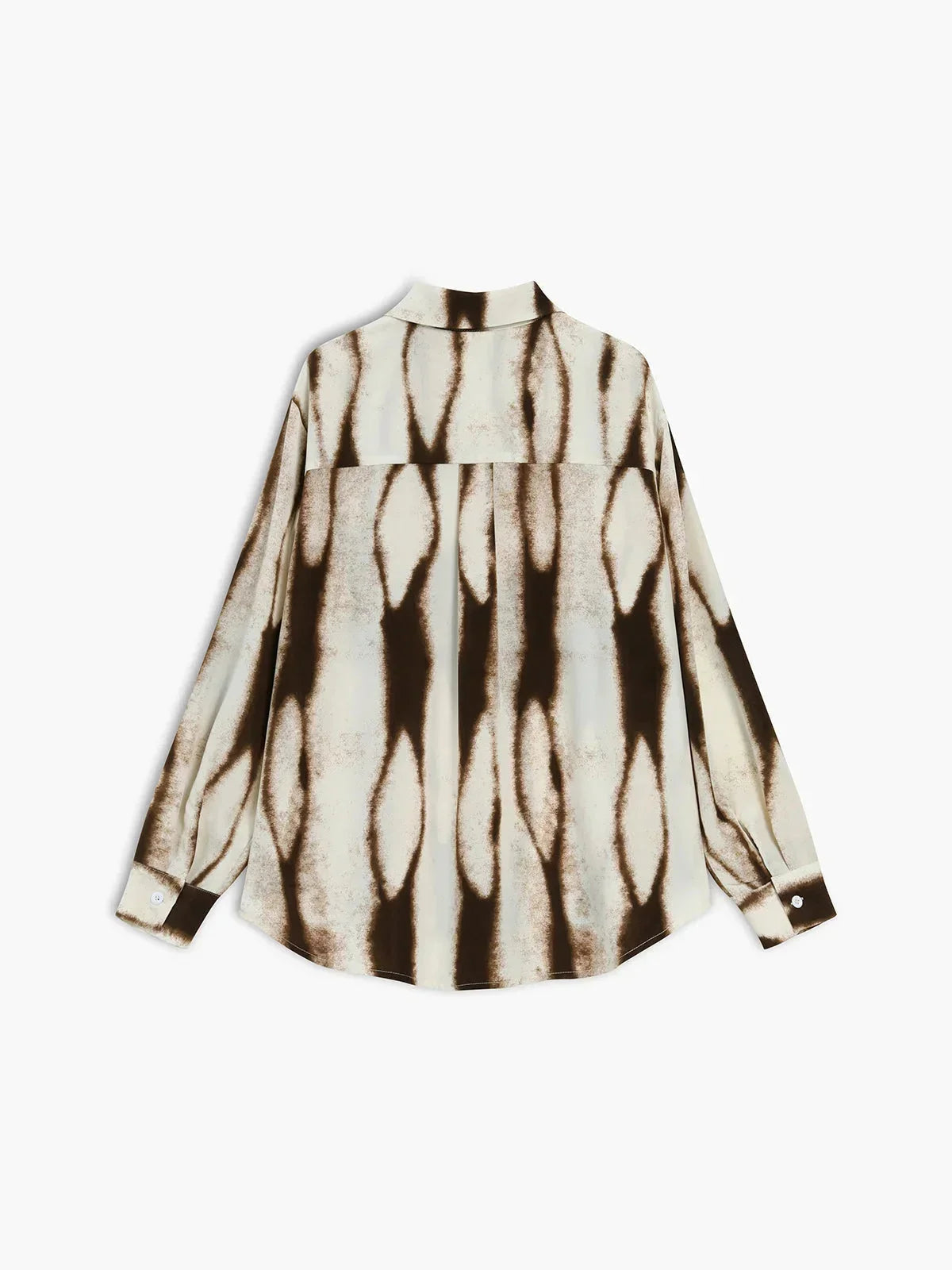 Women's abstract print button-down shirt, cream base with dark drips, long sleeves, button front
