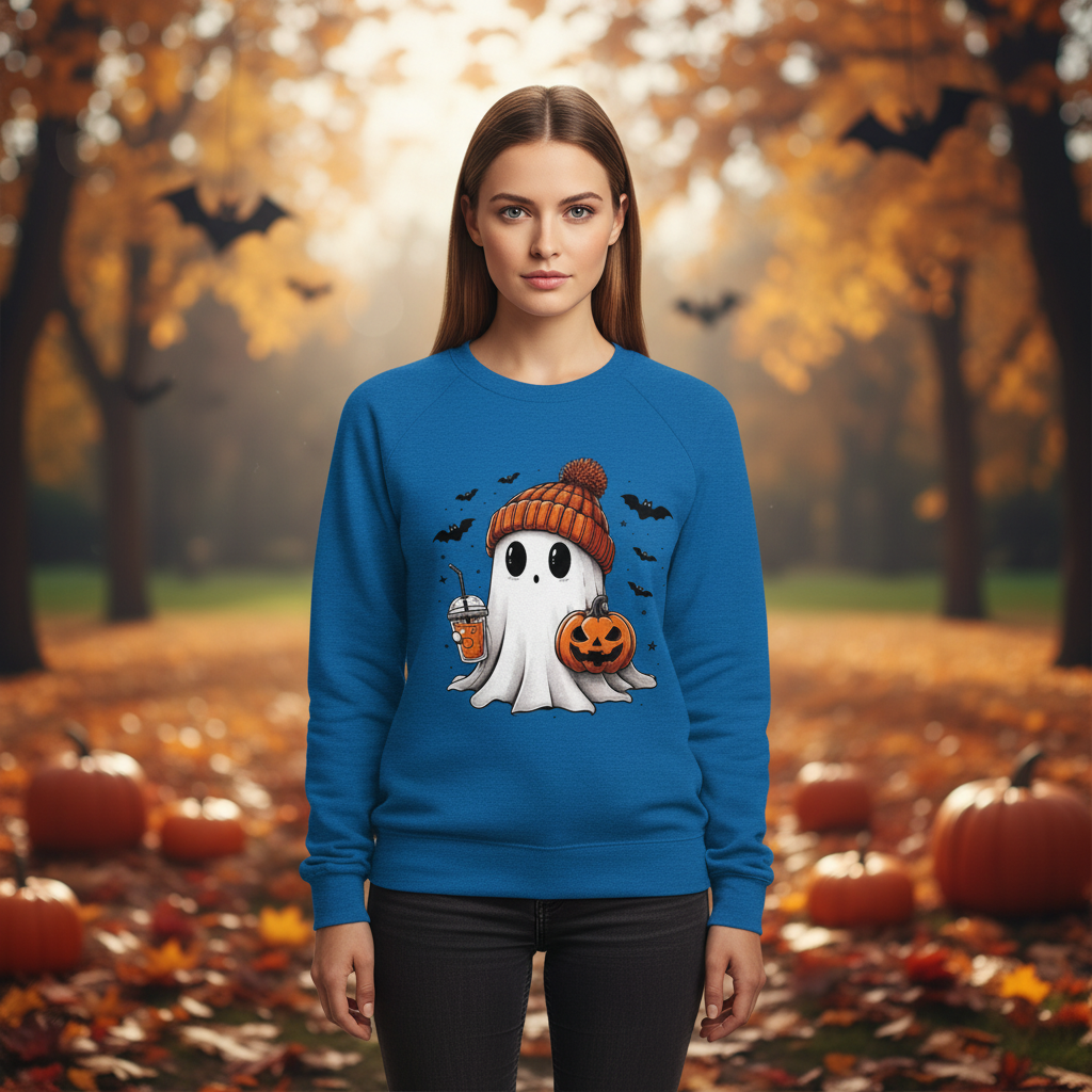 Blue Halloween sweatshirt with ghost graphic, orange pumpkin hat