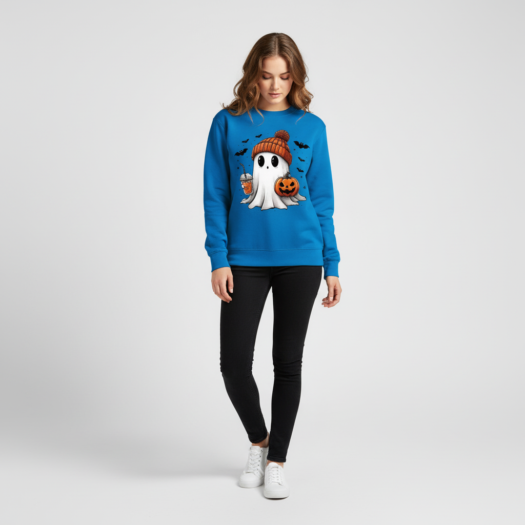 Blue Halloween crewneck sweatshirt with ghost-and-pumpkin graphic, long sleeves