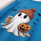 Close-up of blue Halloween sweatshirt graphic: white ghost, orange jack-o'-lantern