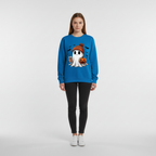 Blue Halloween crewneck sweatshirt with ghost wearing orange pumpkin hat
