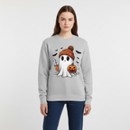 Gray Halloween sweatshirt with ghost graphic, orange pumpkin hat and jack-o'-lantern