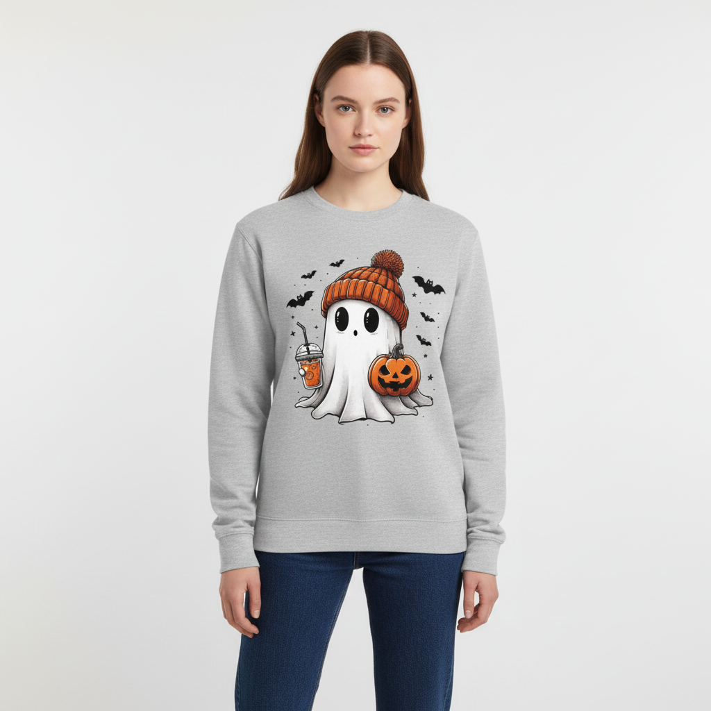 Gray Halloween sweatshirt with ghost graphic, orange pumpkin hat and jack-o'-lantern