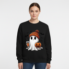 Black Halloween sweatshirt with white ghost in orange knit hat holding jack-o'-lantern