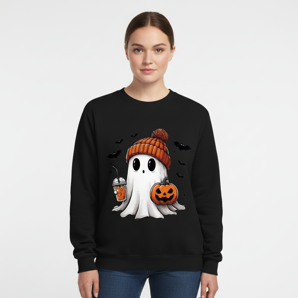 Black Halloween sweatshirt with white ghost in orange knit hat holding jack-o'-lantern