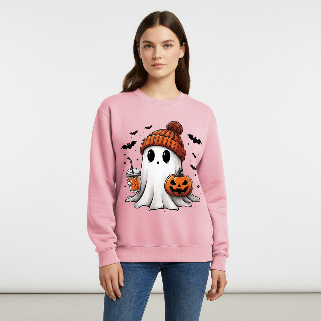 Pink Halloween crewneck sweatshirt with ghost graphic wearing orange pumpkin hat