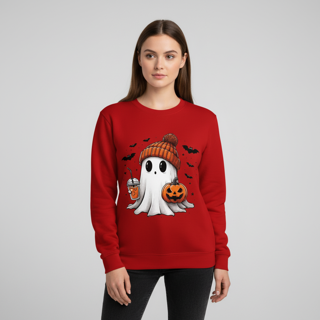 Red Halloween sweatshirt with ghost-and-pumpkin hat graphic on crewneck