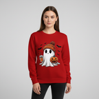 Red Halloween sweatshirt with ghost-and-pumpkin hat graphic on crewneck