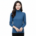 Women’s cashmere turtleneck sweater in blue, long sleeves, ribbed cuff