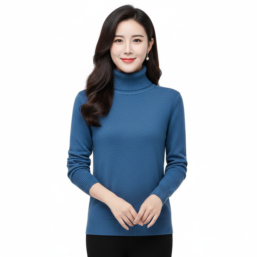 Women’s cashmere turtleneck sweater in blue, long sleeves, ribbed cuff