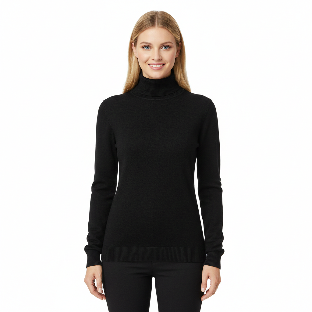 Women’s cashmere turtleneck sweater in black, long sleeves, ribbed trim