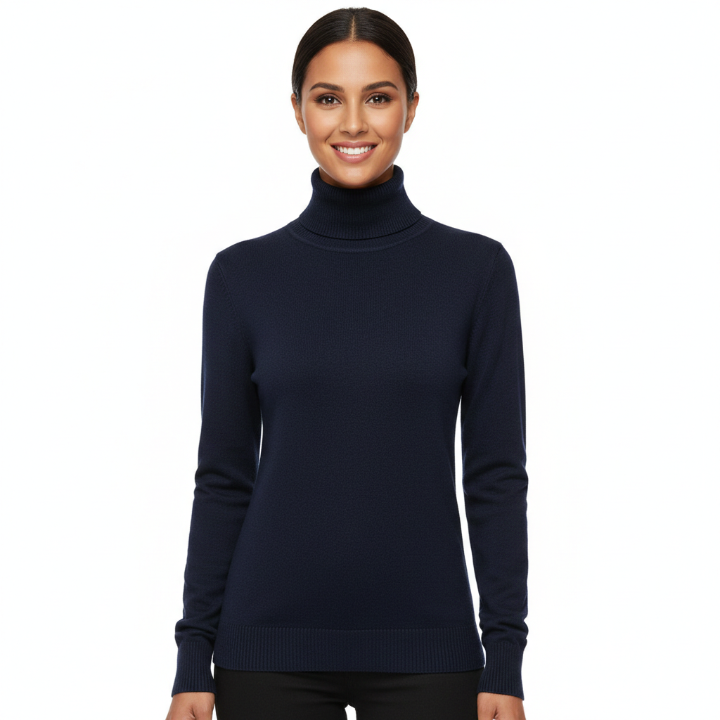 Women’s cashmere turtleneck sweater in dark navy blue, long sleeves