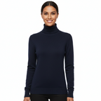 Women’s cashmere turtleneck sweater in dark navy blue, long sleeves