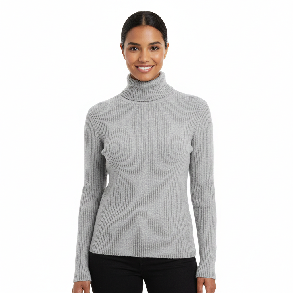 Women’s cashmere turtleneck sweater in light gray, long sleeves, ribbed collar